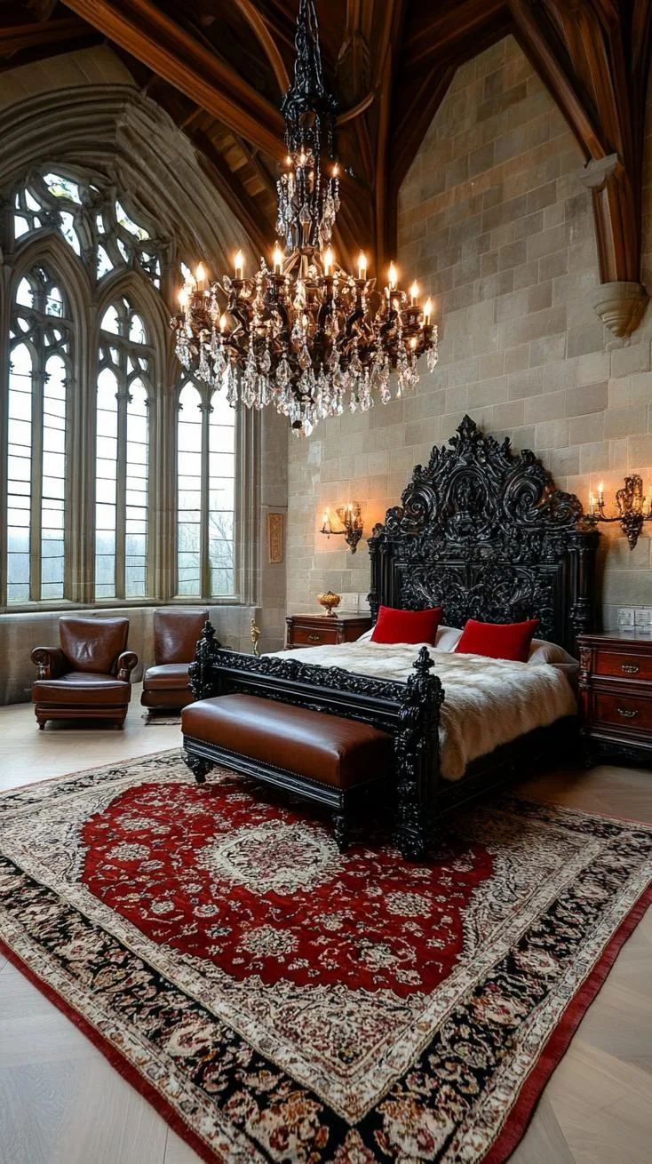 5. Crystal chandelier overhead illuminating a dark wood and wrought iron bed, with plush Persian rugs underfoot-1