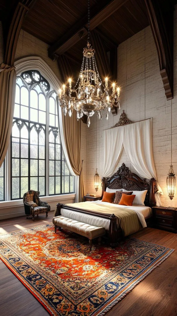 5. Crystal chandelier overhead illuminating a dark wood and wrought iron bed, with plush Persian rugs underfoot-2
