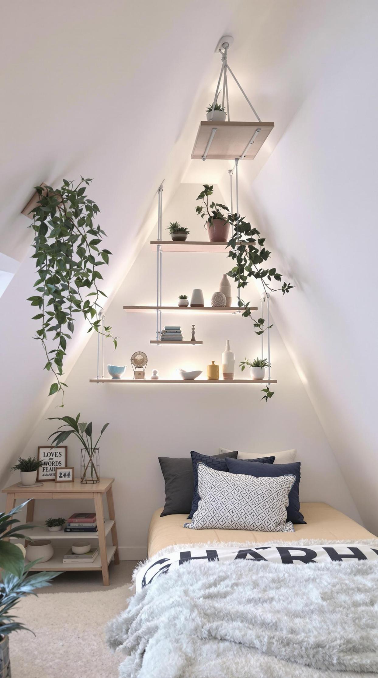 15. Decorative Hanging Shelves: Add flair with artistic shelves that hang from the ceiling, suitable for light decor items-1