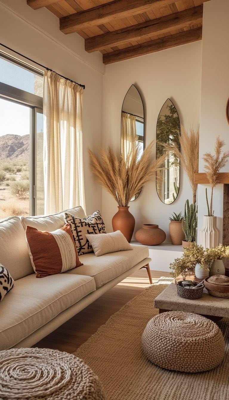 13. Desert Boho: Integrate clay pots and sunbeam mirrors, with neutral tones highlighted by herbal dried arrangements and woven textiles-0