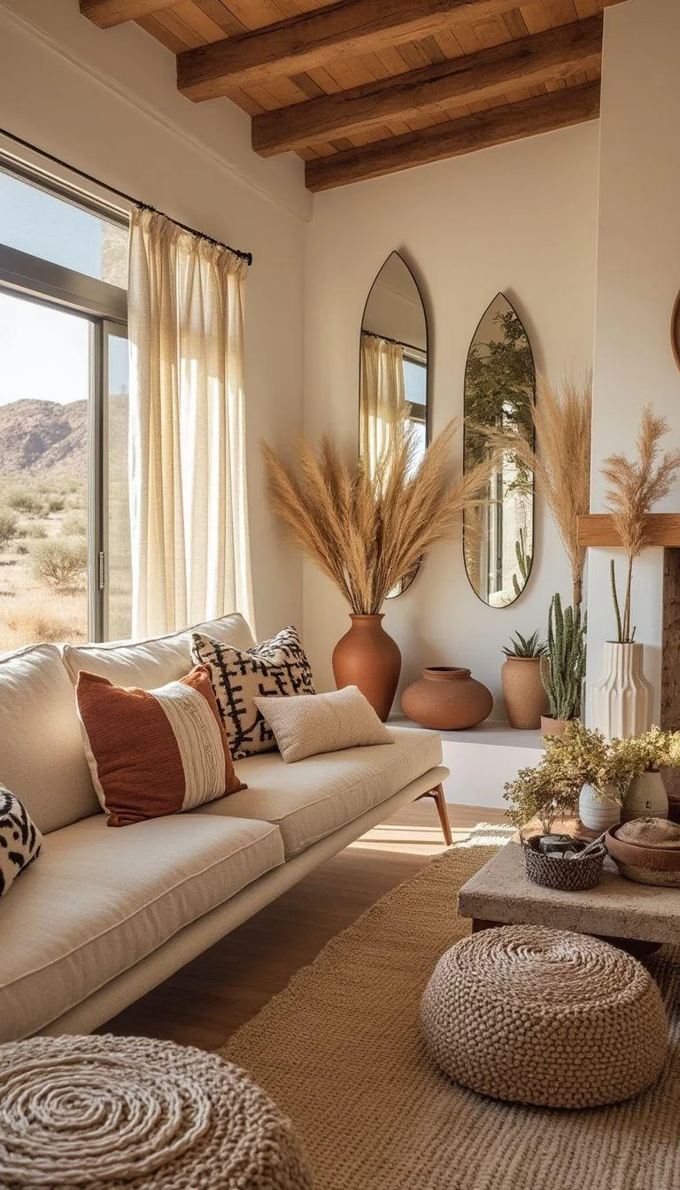 23 Unique Boho Farmhouse Living Room Ideas To Copy 39 13. Desert Boho: Integrate clay pots and sunbeam mirrors, with neutral tones highlighted by herbal dried arrangements and woven textiles-0