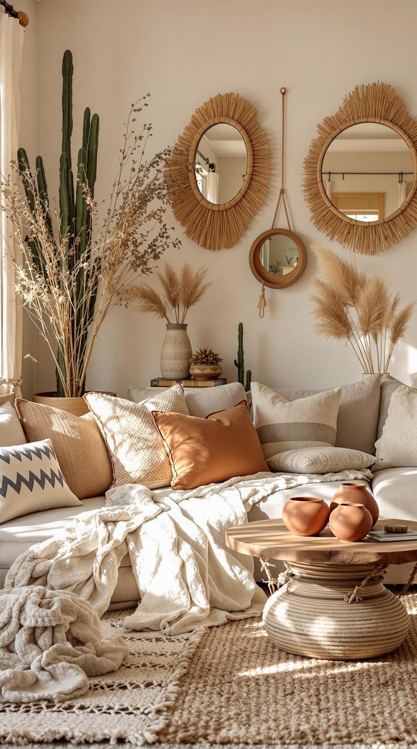 13. Desert Boho: Integrate clay pots and sunbeam mirrors, with neutral tones highlighted by herbal dried arrangements and woven textiles-1