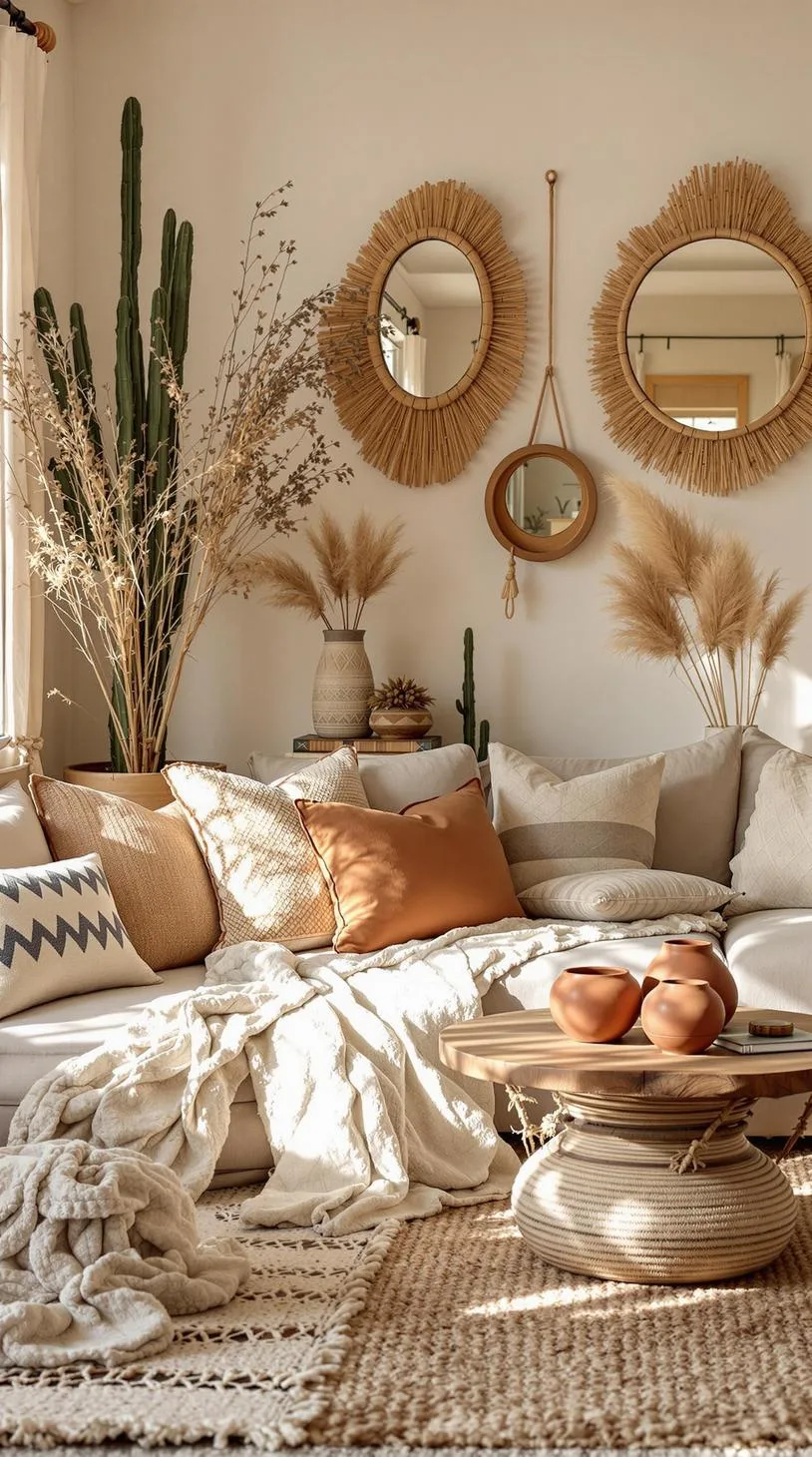 23 Unique Boho Farmhouse Living Room Ideas To Copy 40 13. Desert Boho: Integrate clay pots and sunbeam mirrors, with neutral tones highlighted by herbal dried arrangements and woven textiles-1
