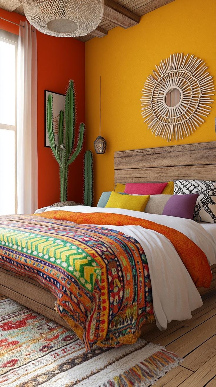 6. Desert Sunset Sanctuary: Layer warm reds, oranges, and yellows with wooden elements and cacti plants-0