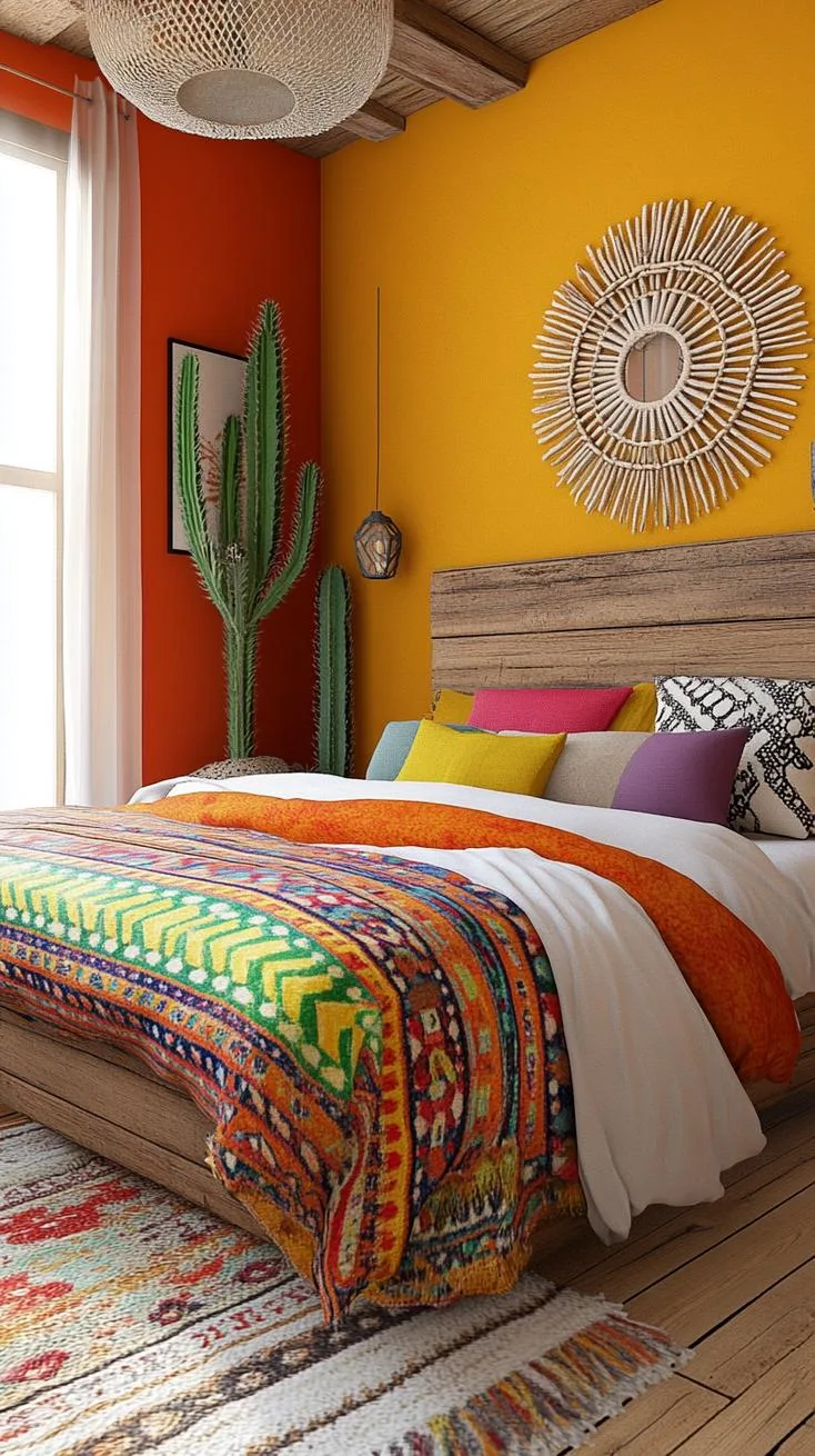 21 Colorful Boho Bedroom Ideas for a Whimsical Hippie Vibe 16 6. Desert Sunset Sanctuary: Layer warm reds, oranges, and yellows with wooden elements and cacti plants-0