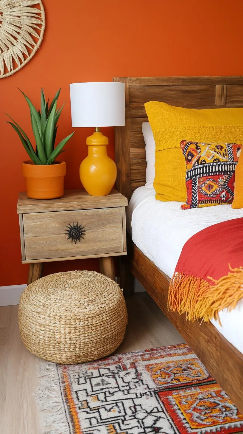 21 Colorful Boho Bedroom Ideas for a Whimsical Hippie Vibe 17 6. Desert Sunset Sanctuary: Layer warm reds, oranges, and yellows with wooden elements and cacti plants-1