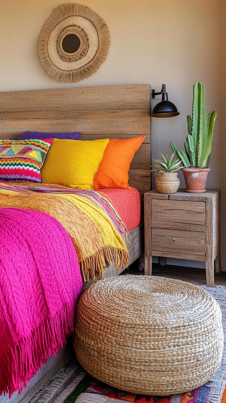 6. Desert Sunset Sanctuary: Layer warm reds, oranges, and yellows with wooden elements and cacti plants-2