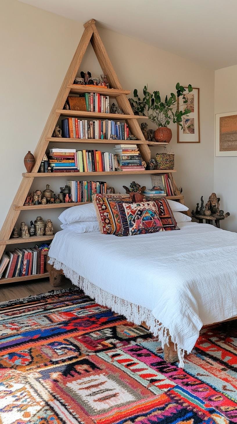 10. Design a corner with a teepee-shaped bookshelf, integrating eclectic artifacts and bohemian trinkets-0