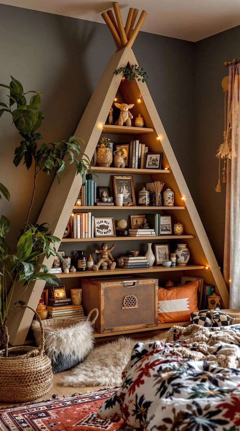 10. Design a corner with a teepee-shaped bookshelf, integrating eclectic artifacts and bohemian trinkets-1