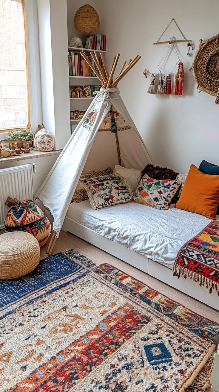 10. Design a corner with a teepee-shaped bookshelf, integrating eclectic artifacts and bohemian trinkets-3