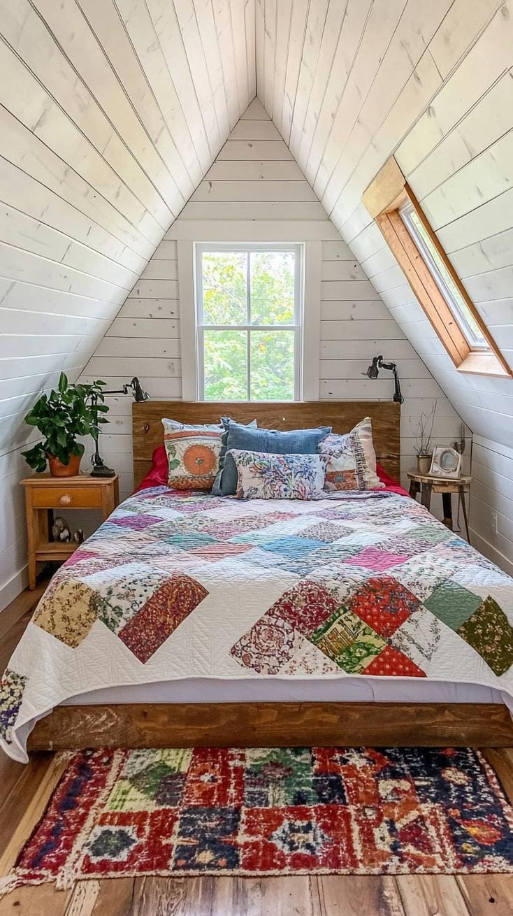 7. Design a farmhouse-style escape with shiplap walls, a quilted bedspread, and antique wooden furniture-0