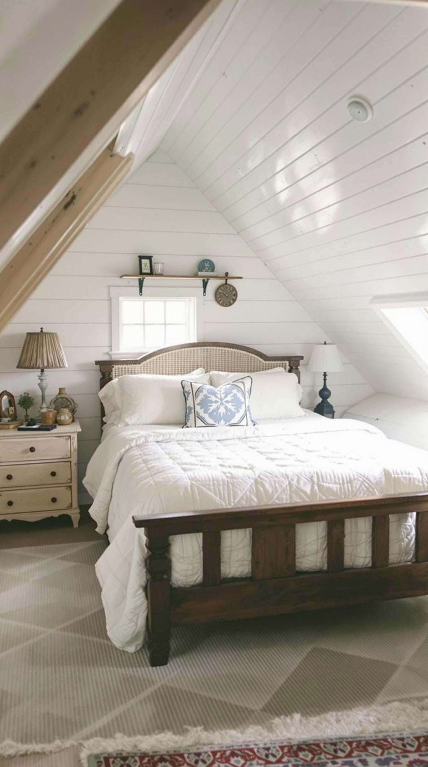 7. Design a farmhouse-style escape with shiplap walls, a quilted bedspread, and antique wooden furniture-1