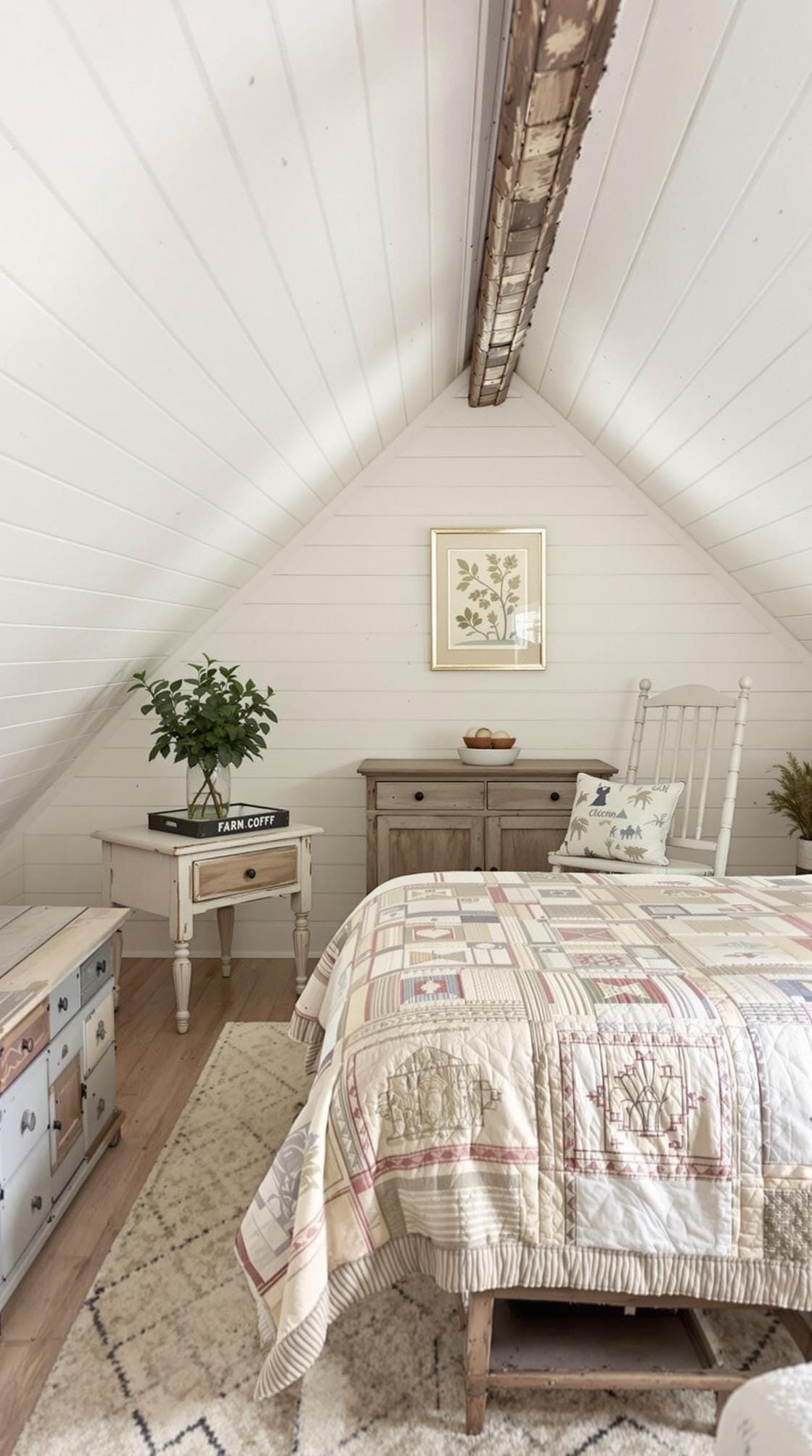 7. Design a farmhouse-style escape with shiplap walls, a quilted bedspread, and antique wooden furniture-2