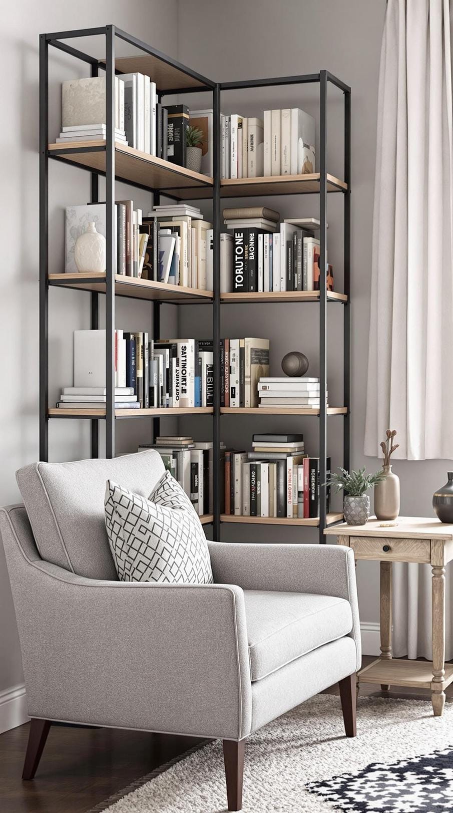 9. Design a reading corner with a metal-framed bookcase, a plush armchair, and a distressed wood side table-0