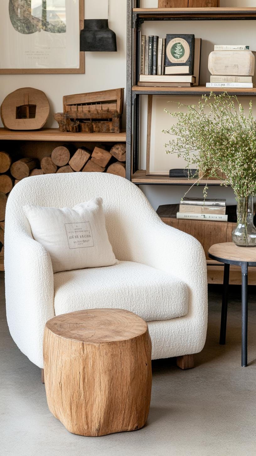 9. Design a reading corner with a metal-framed bookcase, a plush armchair, and a distressed wood side table-2