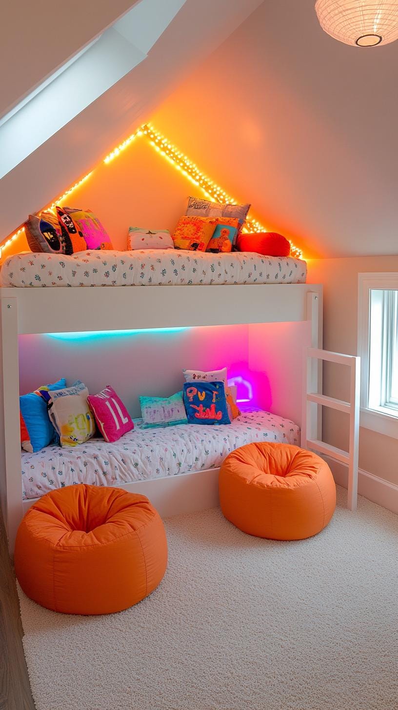 11. Design a teen dream space with a loft bed, beanbags, and an energetic palette of neon colors-1