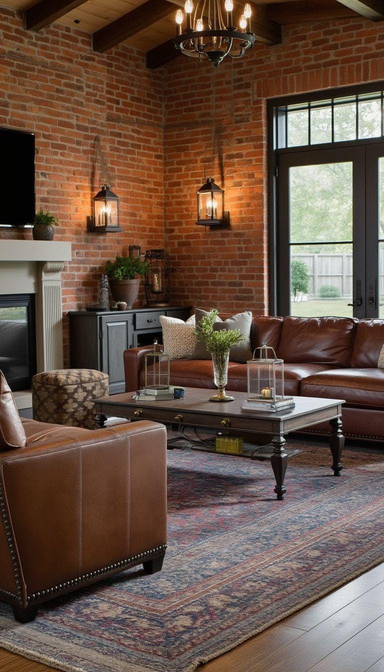 2. Design a welcoming farmhouse living room with exposed brick walls, leather sofas, and iron lanterns offering a warm ambiance-0