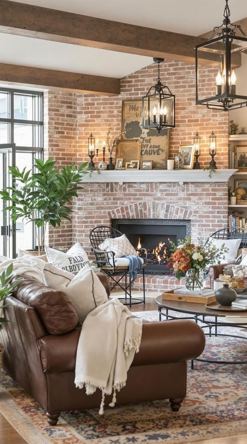 2. Design a welcoming farmhouse living room with exposed brick walls, leather sofas, and iron lanterns offering a warm ambiance-1