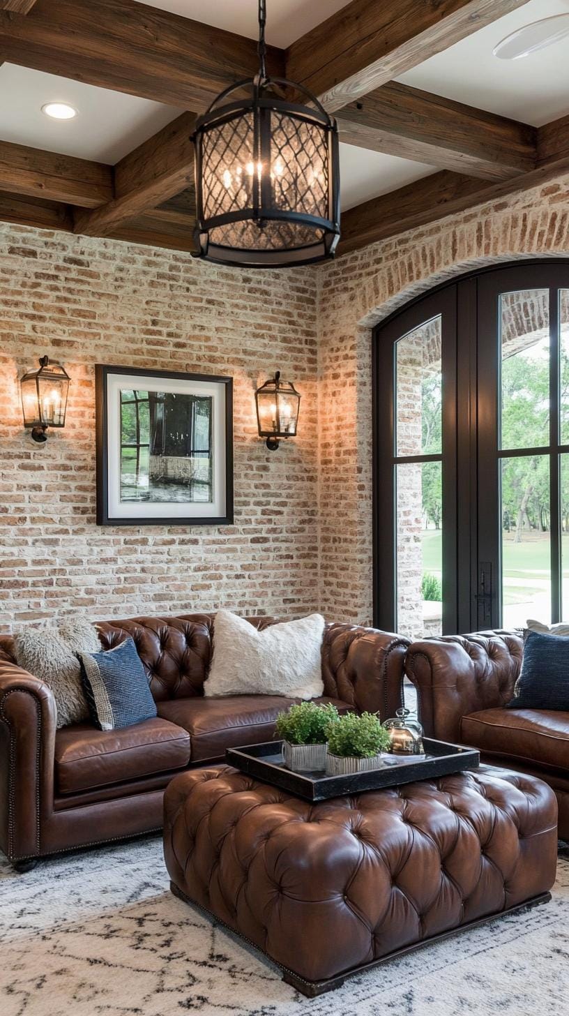 2. Design a welcoming farmhouse living room with exposed brick walls, leather sofas, and iron lanterns offering a warm ambiance-2