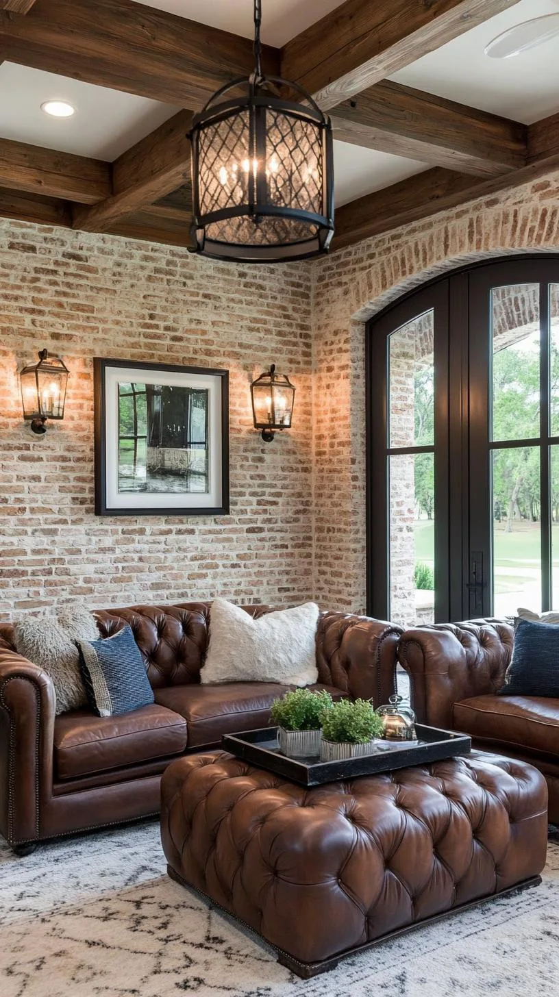 21 Best Industrial Farmhouse Living Room Ideas to Inspire 8 2. Design a welcoming farmhouse living room with exposed brick walls, leather sofas, and iron lanterns offering a warm ambiance-2
