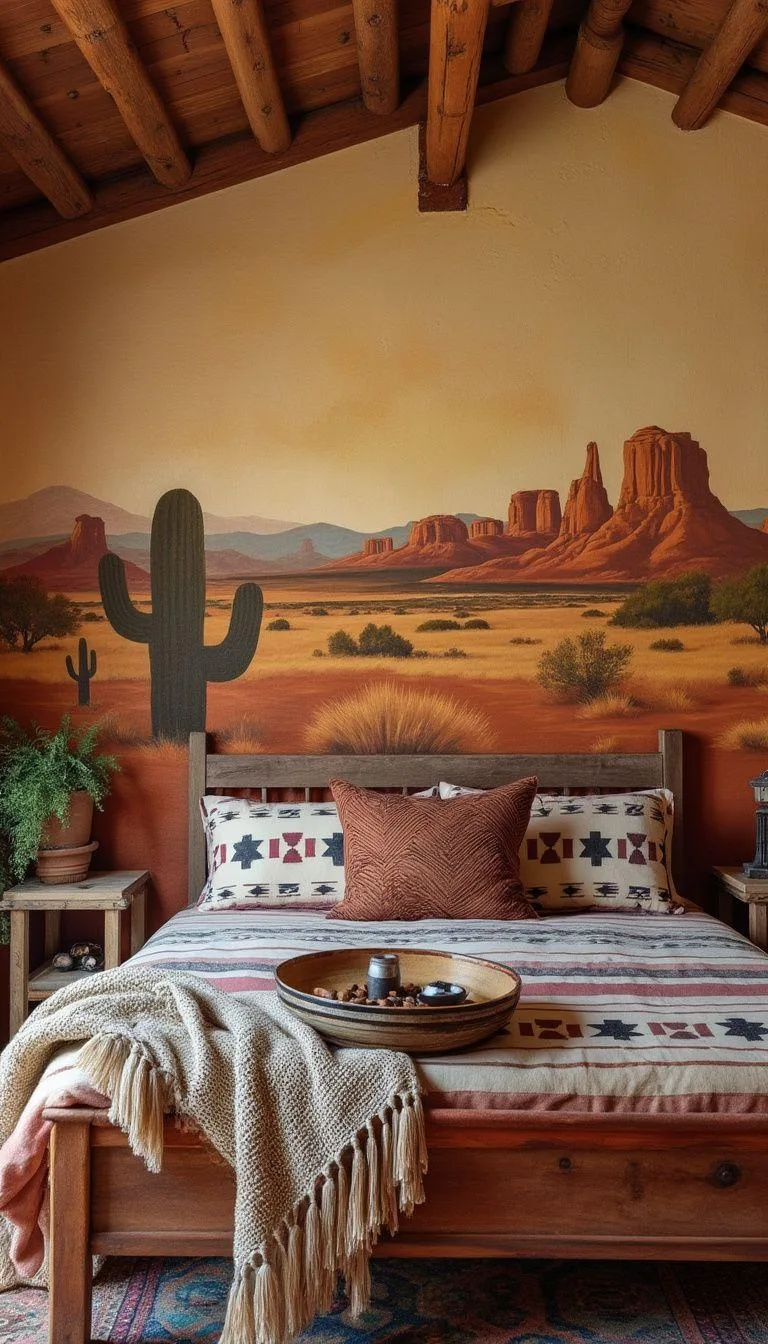 19. Design an accent wall with hand-painted desert scenes or geometric murals inspired by Native American art-0