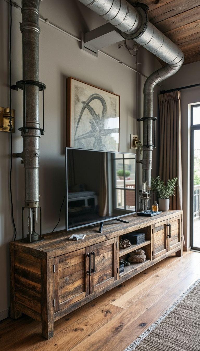 13. Display a rustic TV unit made from reclaimed timber and pair it with exposed ductwork and modern industrial cabinetry for a blended style-0