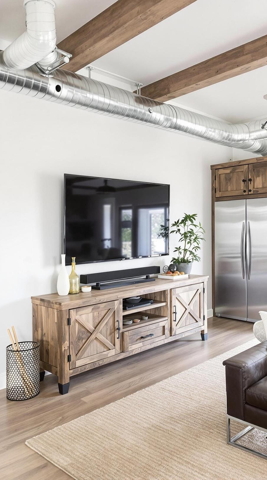 13. Display a rustic TV unit made from reclaimed timber and pair it with exposed ductwork and modern industrial cabinetry for a blended style-1