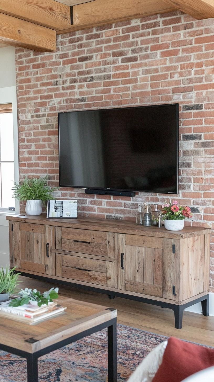 13. Display a rustic TV unit made from reclaimed timber and pair it with exposed ductwork and modern industrial cabinetry for a blended style-2