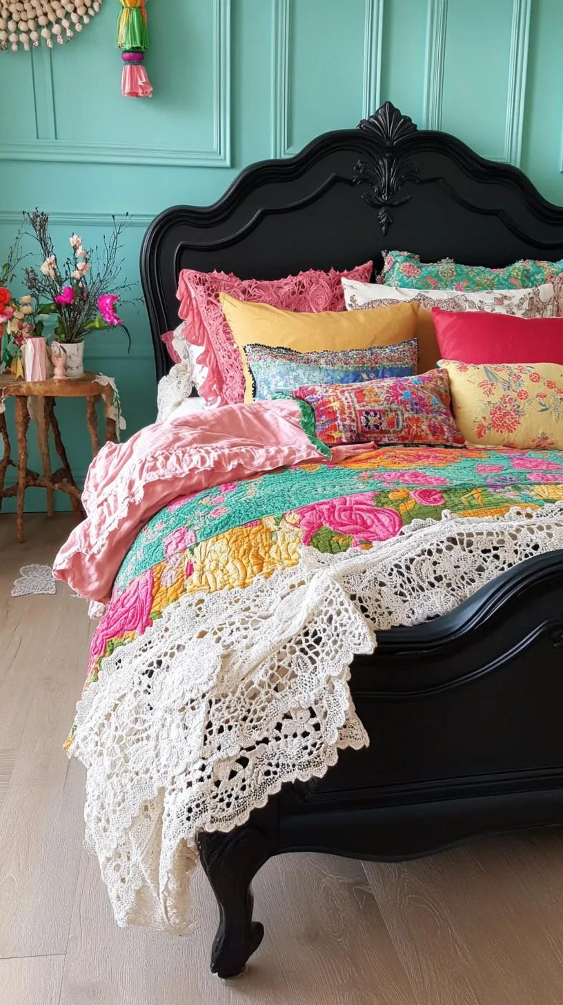 3. Distressed black bed frame layered with plush jewel-toned fabrics and pillows featuring intricate lace accents-0