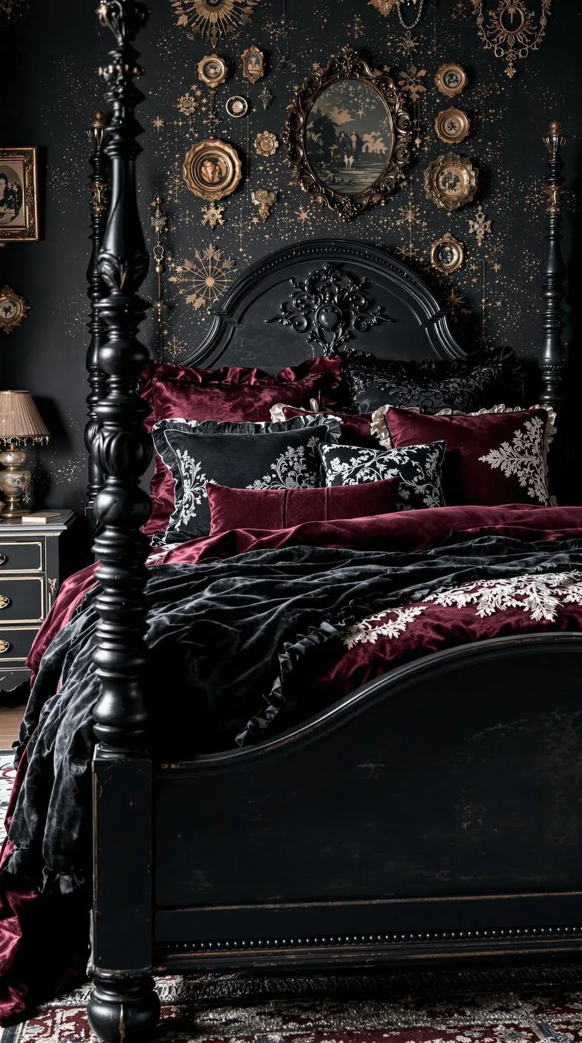 3. Distressed black bed frame layered with plush jewel-toned fabrics and pillows featuring intricate lace accents-1