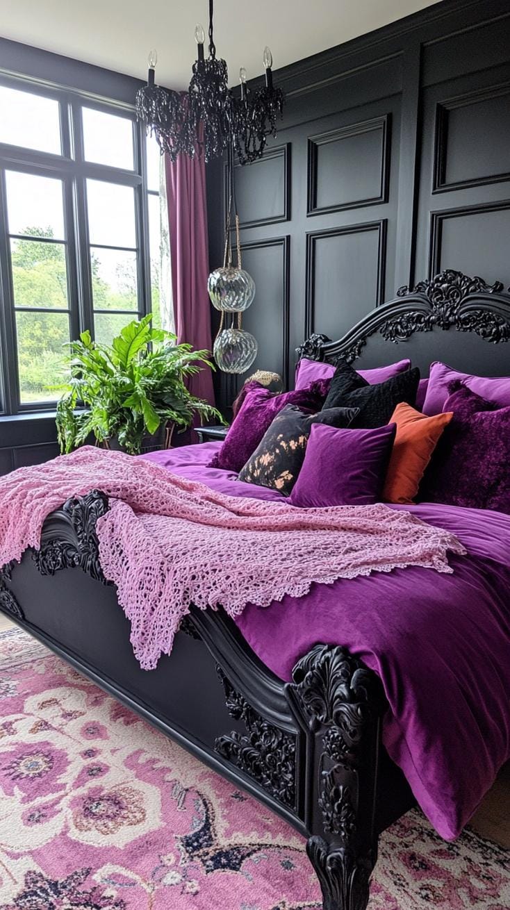 3. Distressed black bed frame layered with plush jewel-toned fabrics and pillows featuring intricate lace accents-2