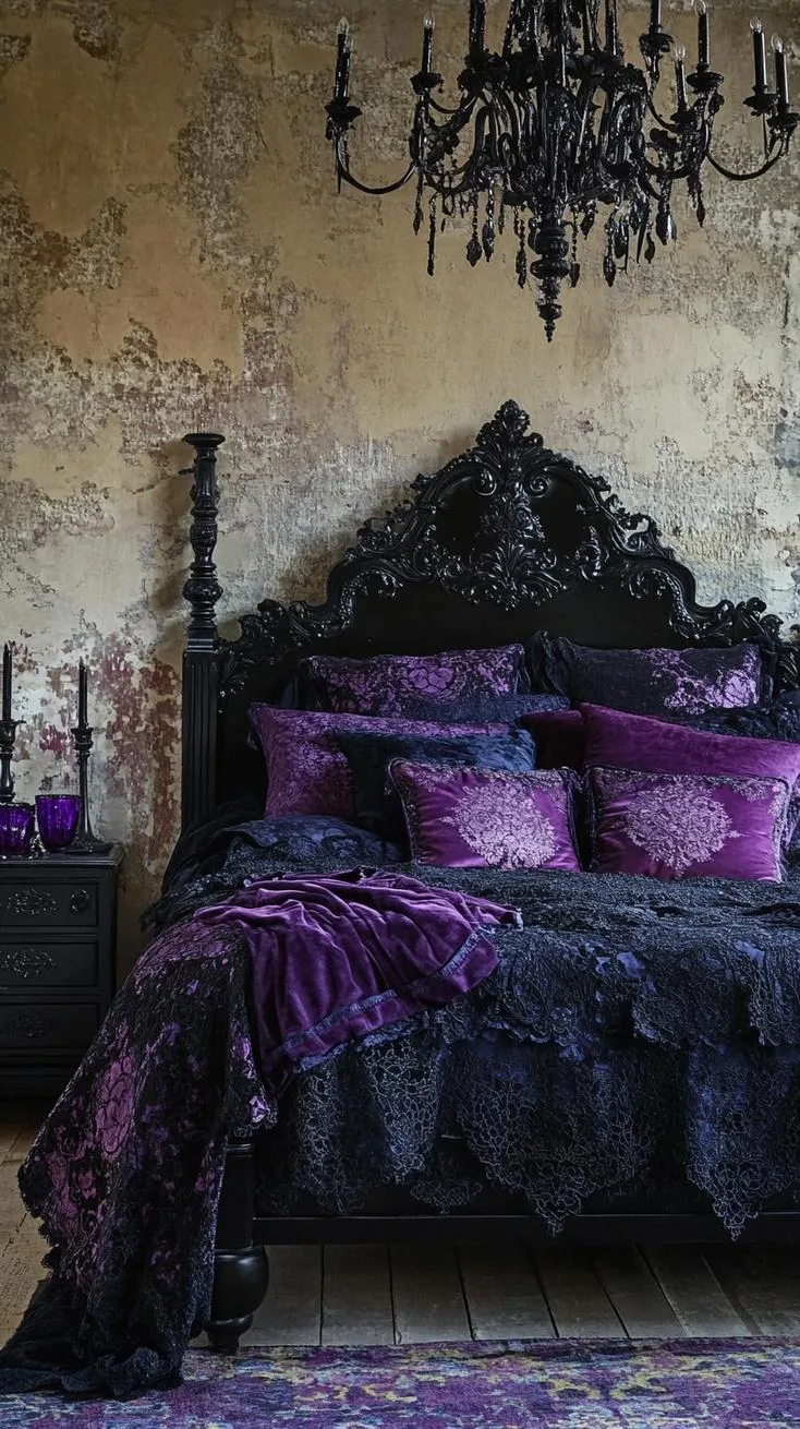 3. Distressed black bed frame layered with plush jewel-toned fabrics and pillows featuring intricate lace accents-3