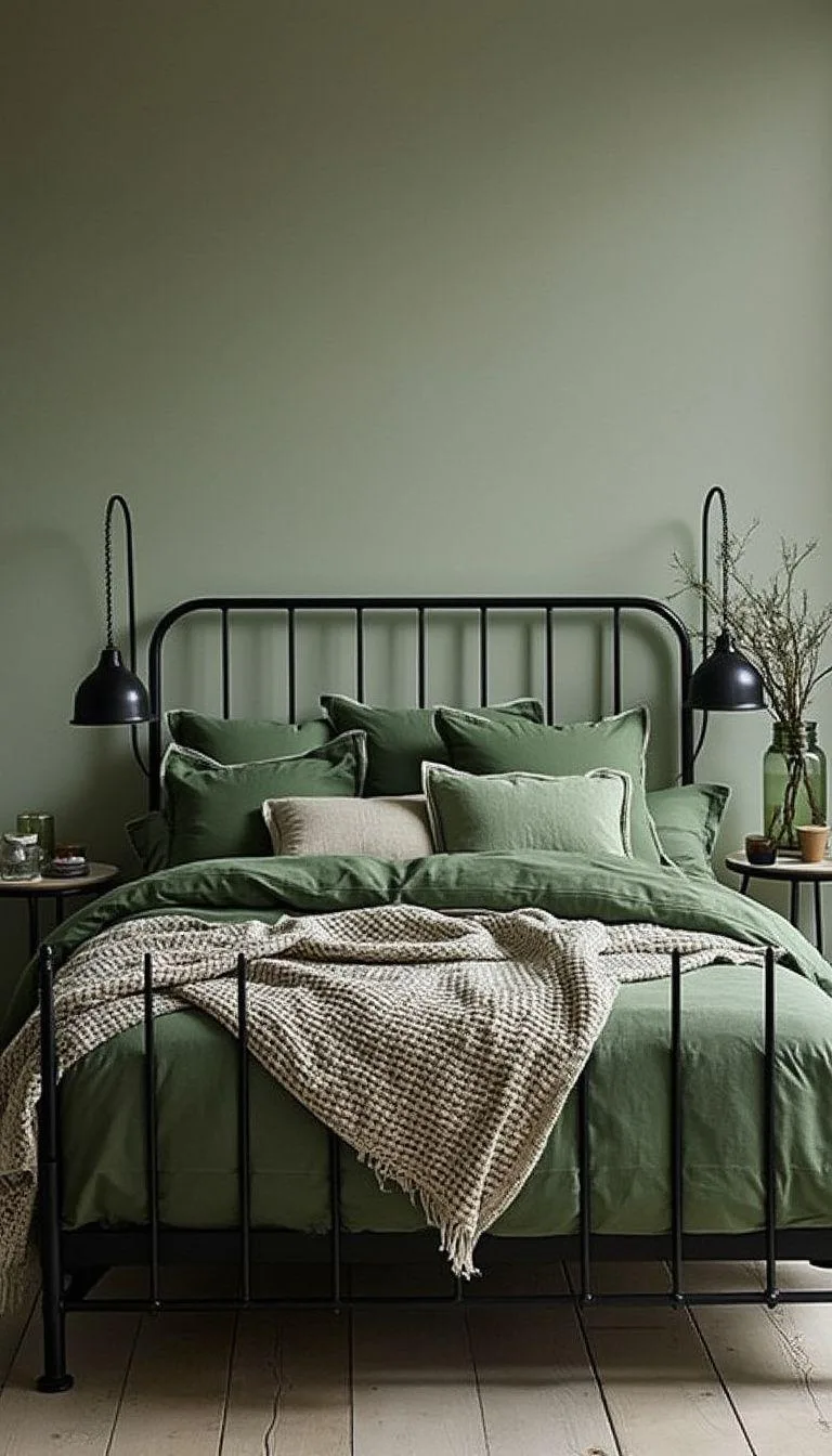 7. Earth Meets Metal: Introduce black wrought-iron bed frames contrasted with natural green bedding tones-0