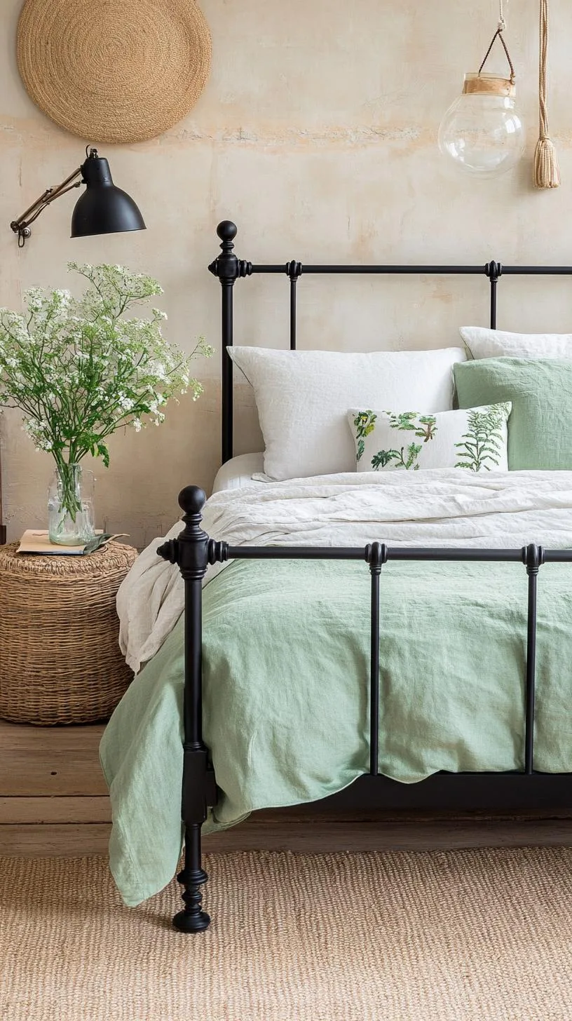 7. Earth Meets Metal: Introduce black wrought-iron bed frames contrasted with natural green bedding tones-1