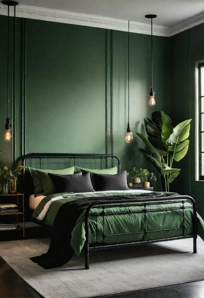 7. Earth Meets Metal: Introduce black wrought-iron bed frames contrasted with natural green bedding tones-2