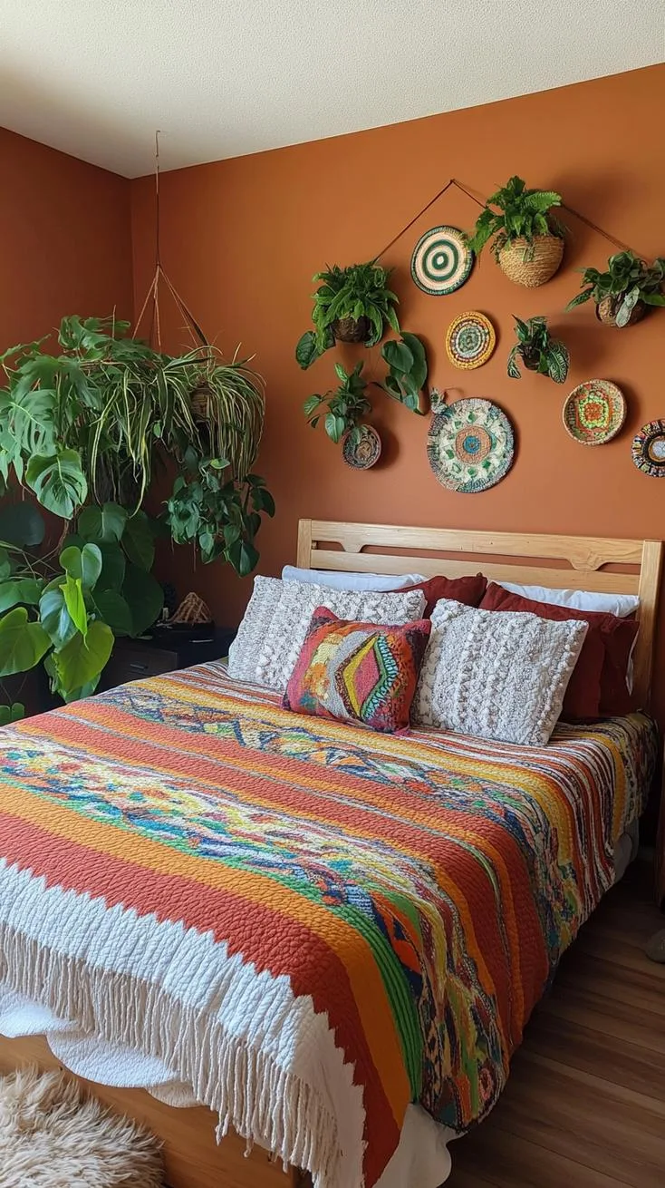 21 Colorful Boho Bedroom Ideas for a Whimsical Hippie Vibe 36 13. Earthy Jungle Escapade: Employ deep forest greens and terracotta reds with leafy plants-0