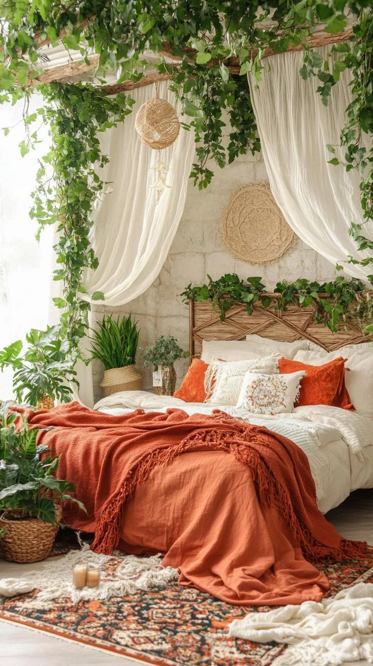 21 Colorful Boho Bedroom Ideas for a Whimsical Hippie Vibe 37 13. Earthy Jungle Escapade: Employ deep forest greens and terracotta reds with leafy plants-1
