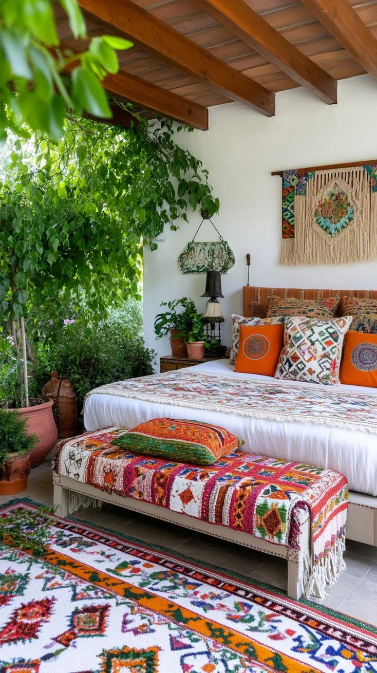 21 Colorful Boho Bedroom Ideas for a Whimsical Hippie Vibe 38 13. Earthy Jungle Escapade: Employ deep forest greens and terracotta reds with leafy plants-2