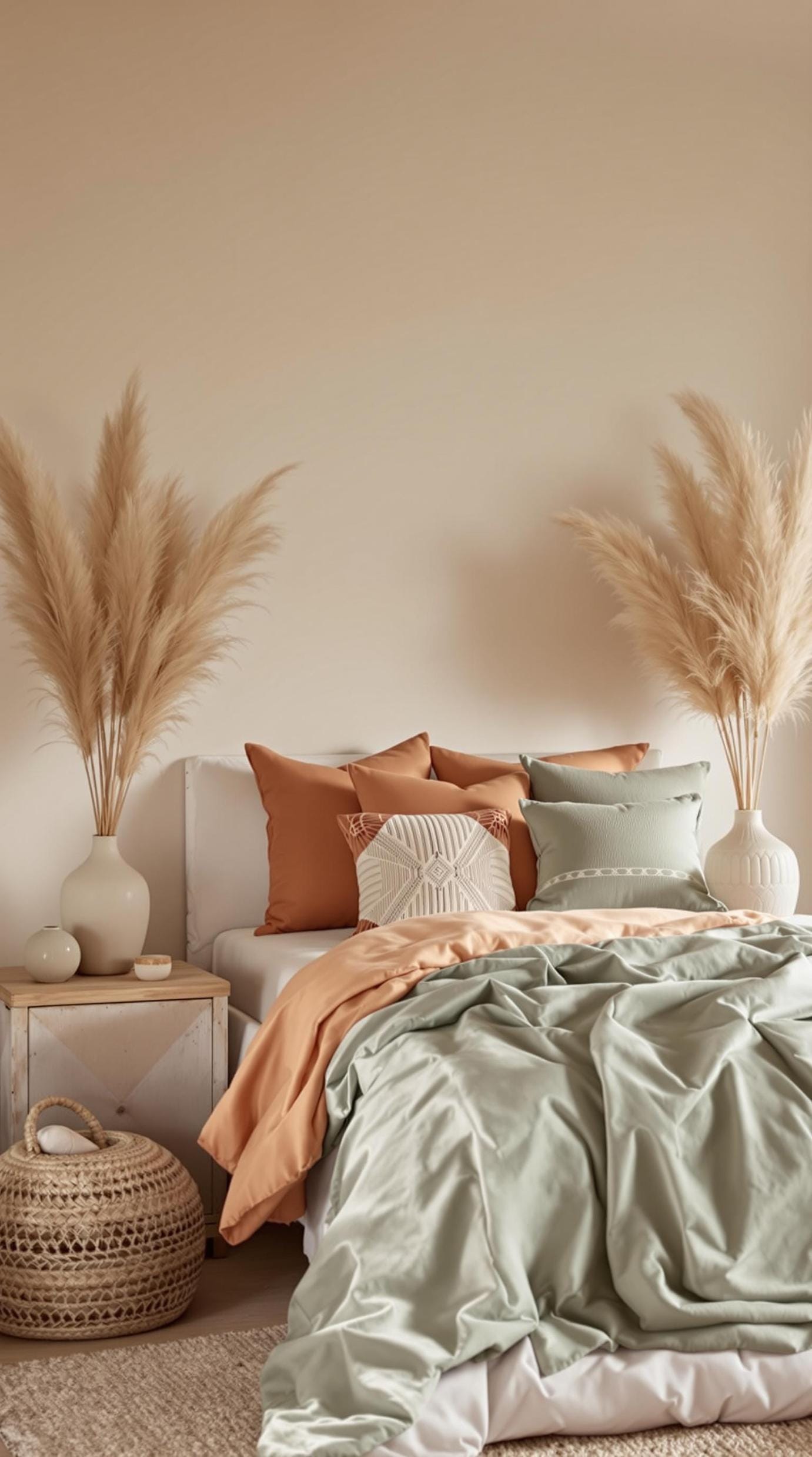 2. Earthy Neutral Palette: Use soft beige, terracotta, and sage green for a calming atmosphere, complementing with dried pampas grass in vases-0