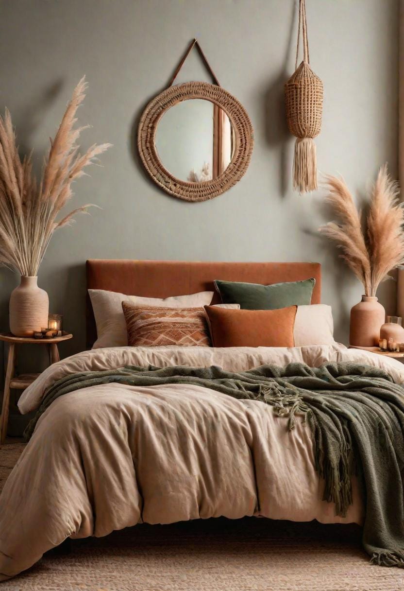 2. Earthy Neutral Palette: Use soft beige, terracotta, and sage green for a calming atmosphere, complementing with dried pampas grass in vases-1