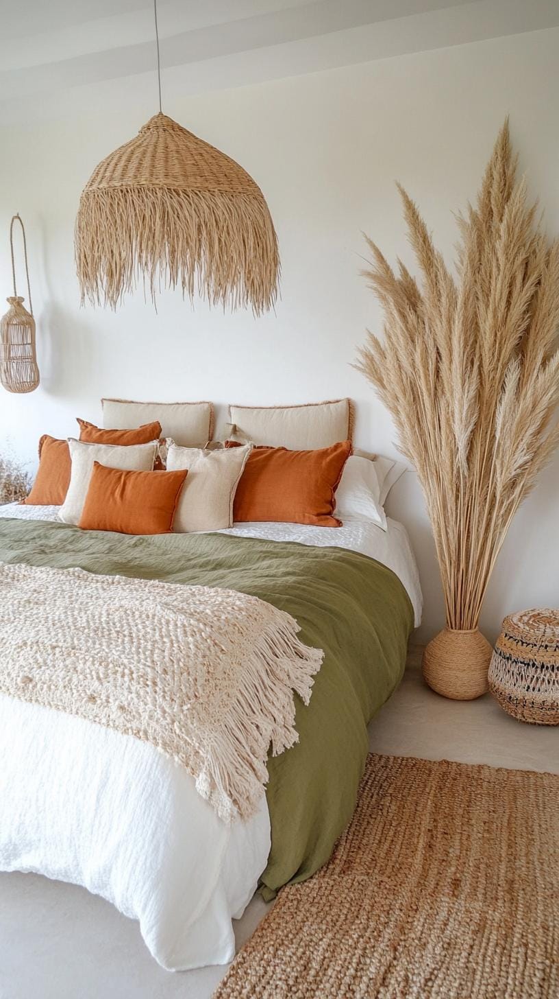 2. Earthy Neutral Palette: Use soft beige, terracotta, and sage green for a calming atmosphere, complementing with dried pampas grass in vases-2