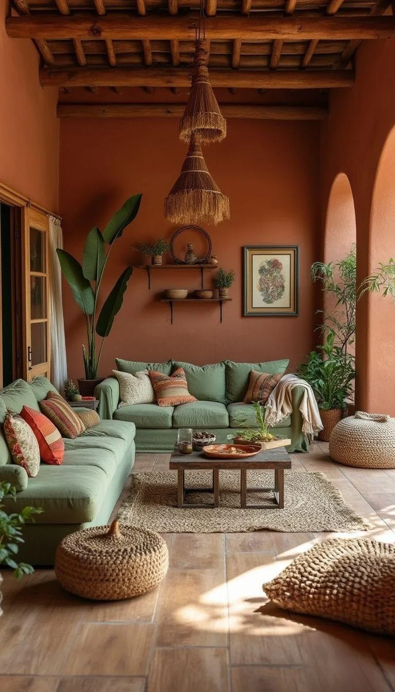 23 Unique Boho Farmhouse Living Room Ideas To Copy 2 1. Earthy Oasis: Incorporate terracotta walls and sage-green seating alongside textured wooden floors, with woven rugs and floor cushions for laid-back comfort-0