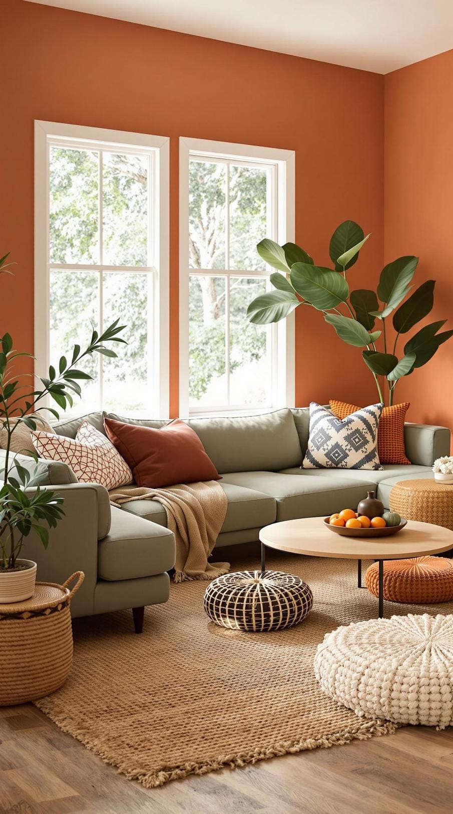 1. Earthy Oasis: Incorporate terracotta walls and sage-green seating alongside textured wooden floors, with woven rugs and floor cushions for laid-back comfort-1