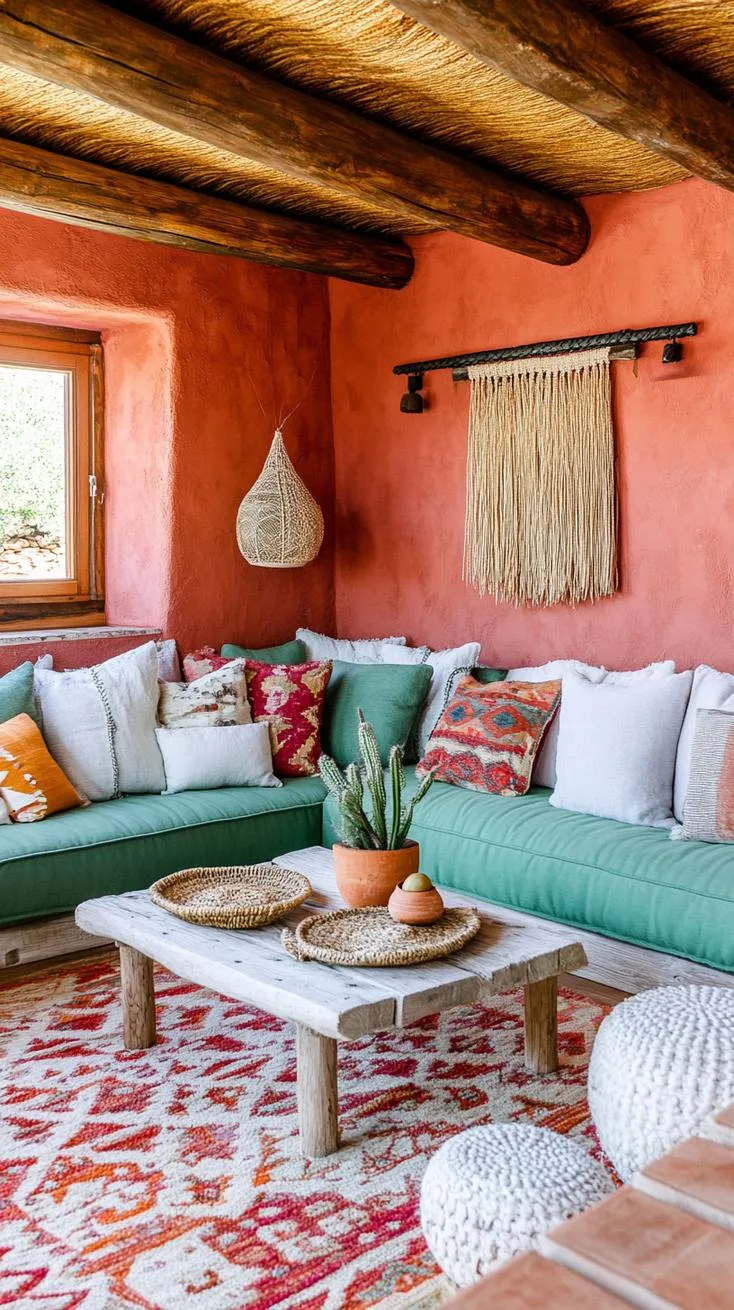 23 Unique Boho Farmhouse Living Room Ideas To Copy 4 1. Earthy Oasis: Incorporate terracotta walls and sage-green seating alongside textured wooden floors, with woven rugs and floor cushions for laid-back comfort-2