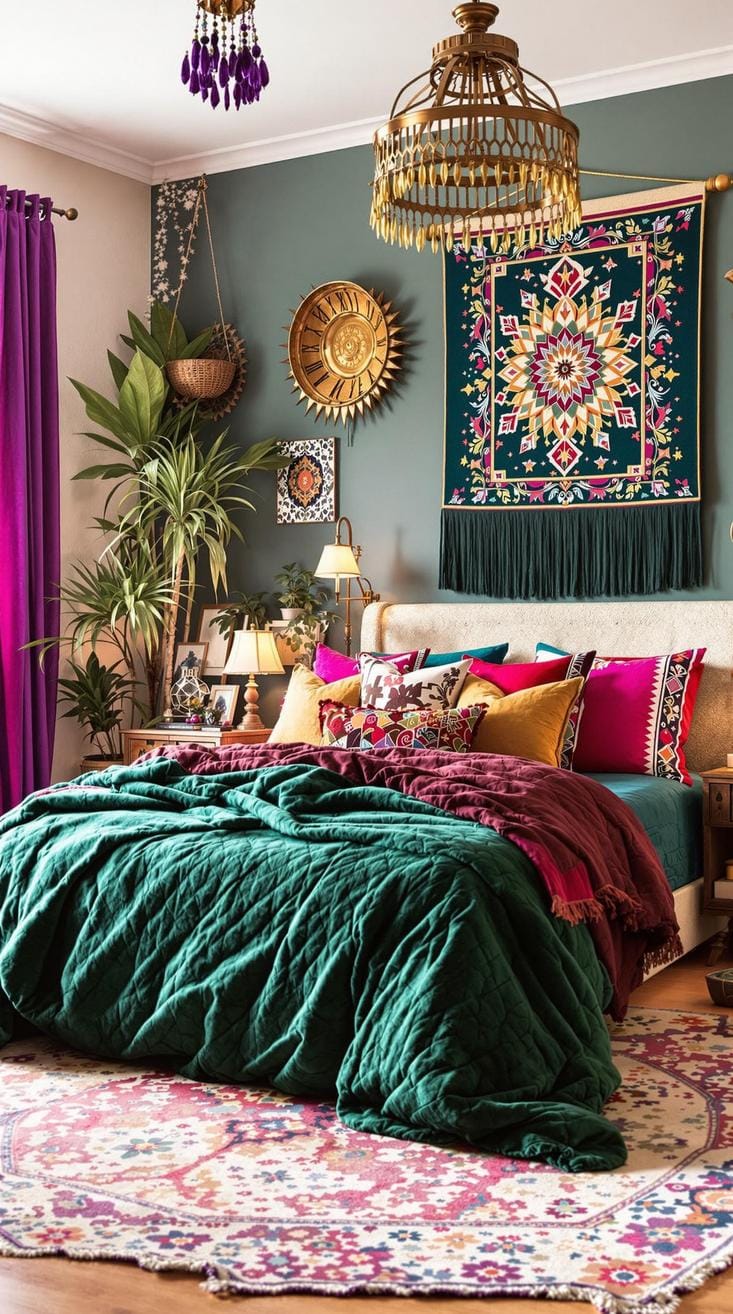 1. Earthy Tones Meets Rainbow: Incorporate lush greens, deep blues, and bursts of magenta in textiles and wall hangings-1