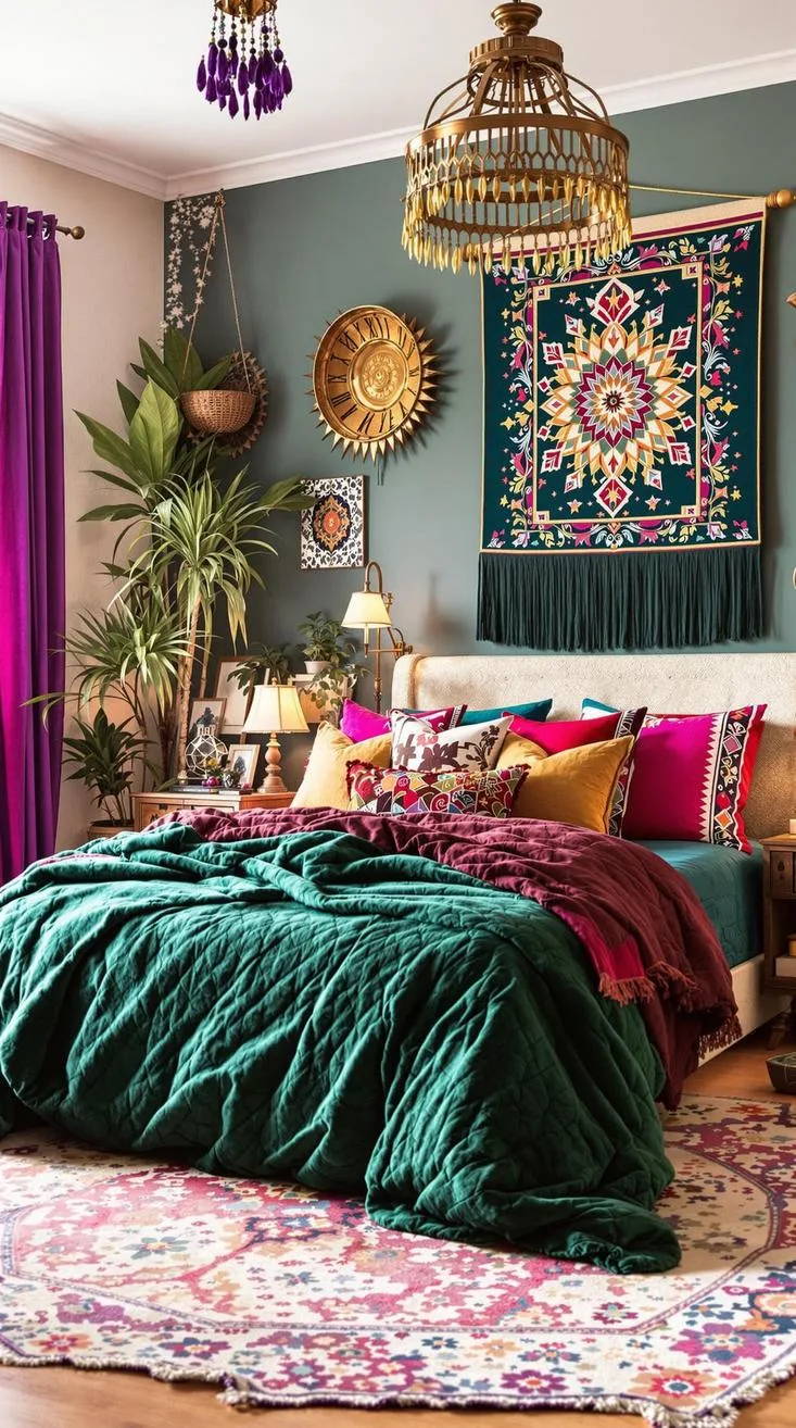21 Colorful Boho Bedroom Ideas for a Whimsical Hippie Vibe 3 1. Earthy Tones Meets Rainbow: Incorporate lush greens, deep blues, and bursts of magenta in textiles and wall hangings-1