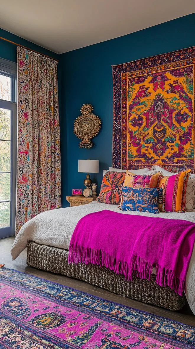 21 Colorful Boho Bedroom Ideas for a Whimsical Hippie Vibe 4 1. Earthy Tones Meets Rainbow: Incorporate lush greens, deep blues, and bursts of magenta in textiles and wall hangings-2