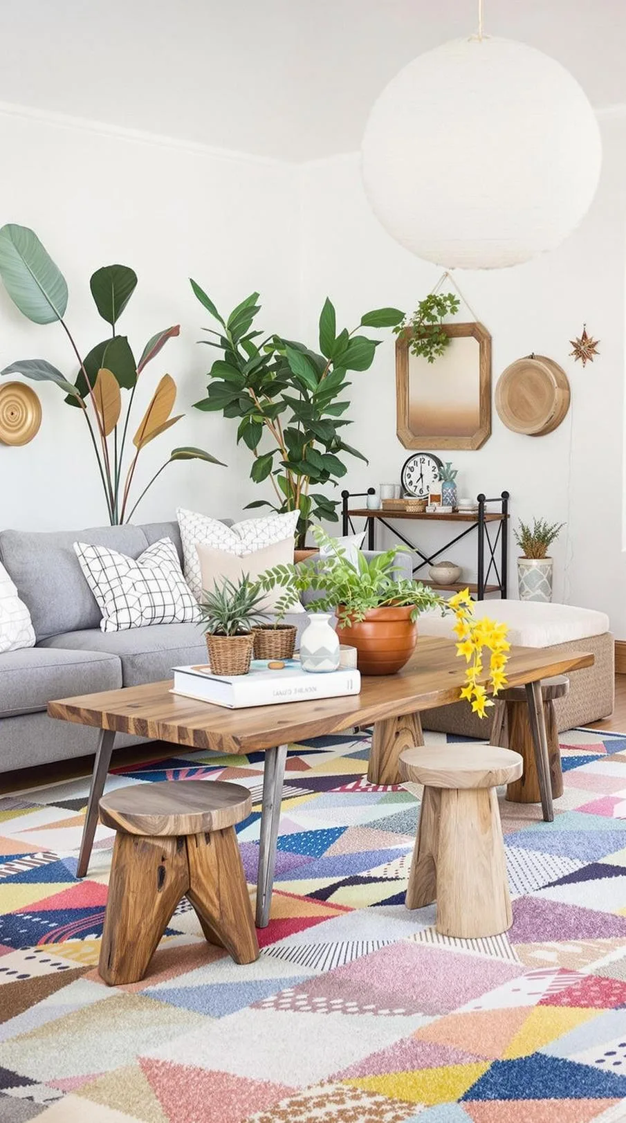 23 Unique Boho Farmhouse Living Room Ideas To Copy 42 14. Eclectic Enclave: Combine various eras, merging a mid-century coffee table with rustic farm stools, atop a patchwork rug-0