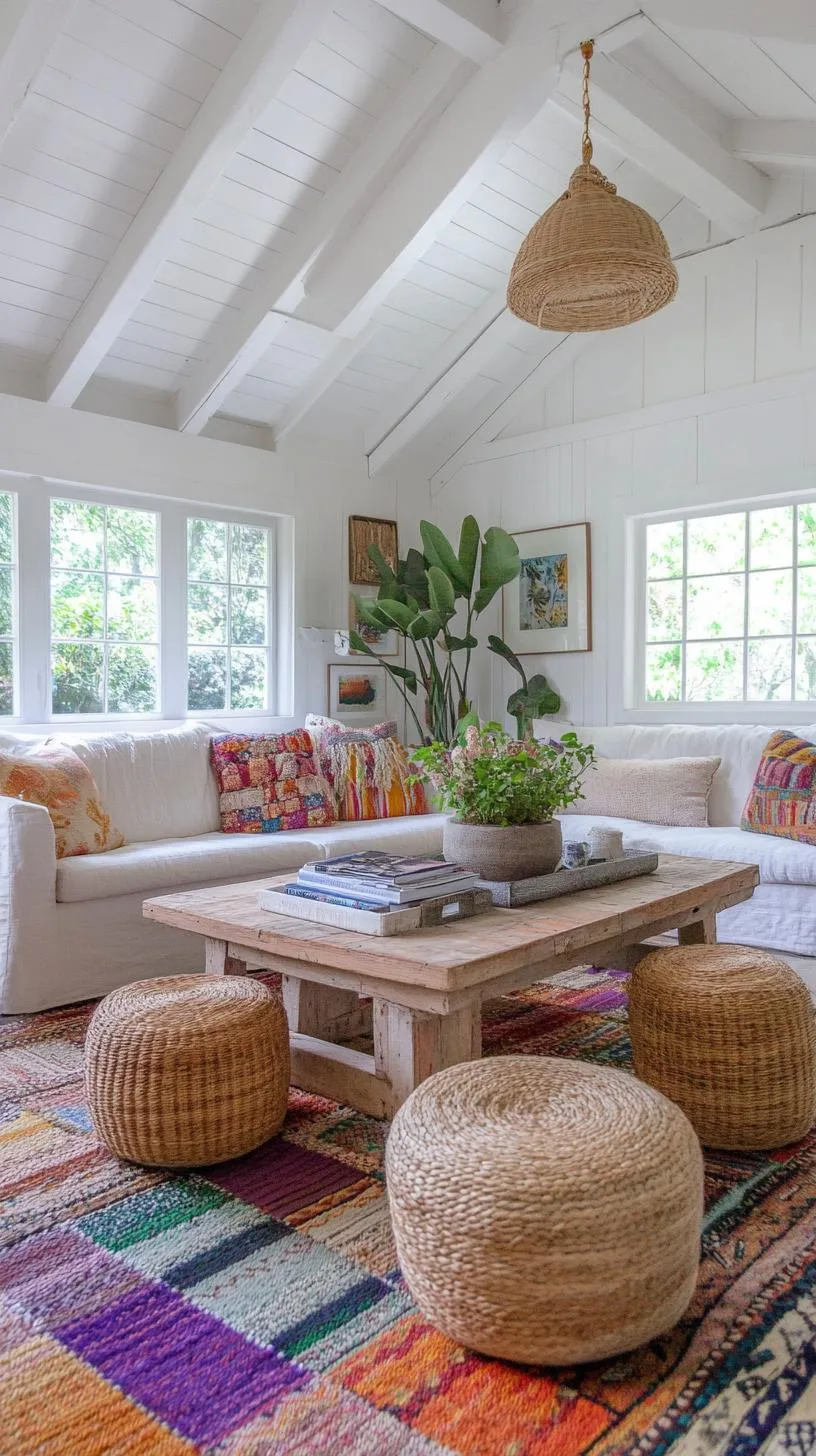 23 Unique Boho Farmhouse Living Room Ideas To Copy 43 14. Eclectic Enclave: Combine various eras, merging a mid-century coffee table with rustic farm stools, atop a patchwork rug-1