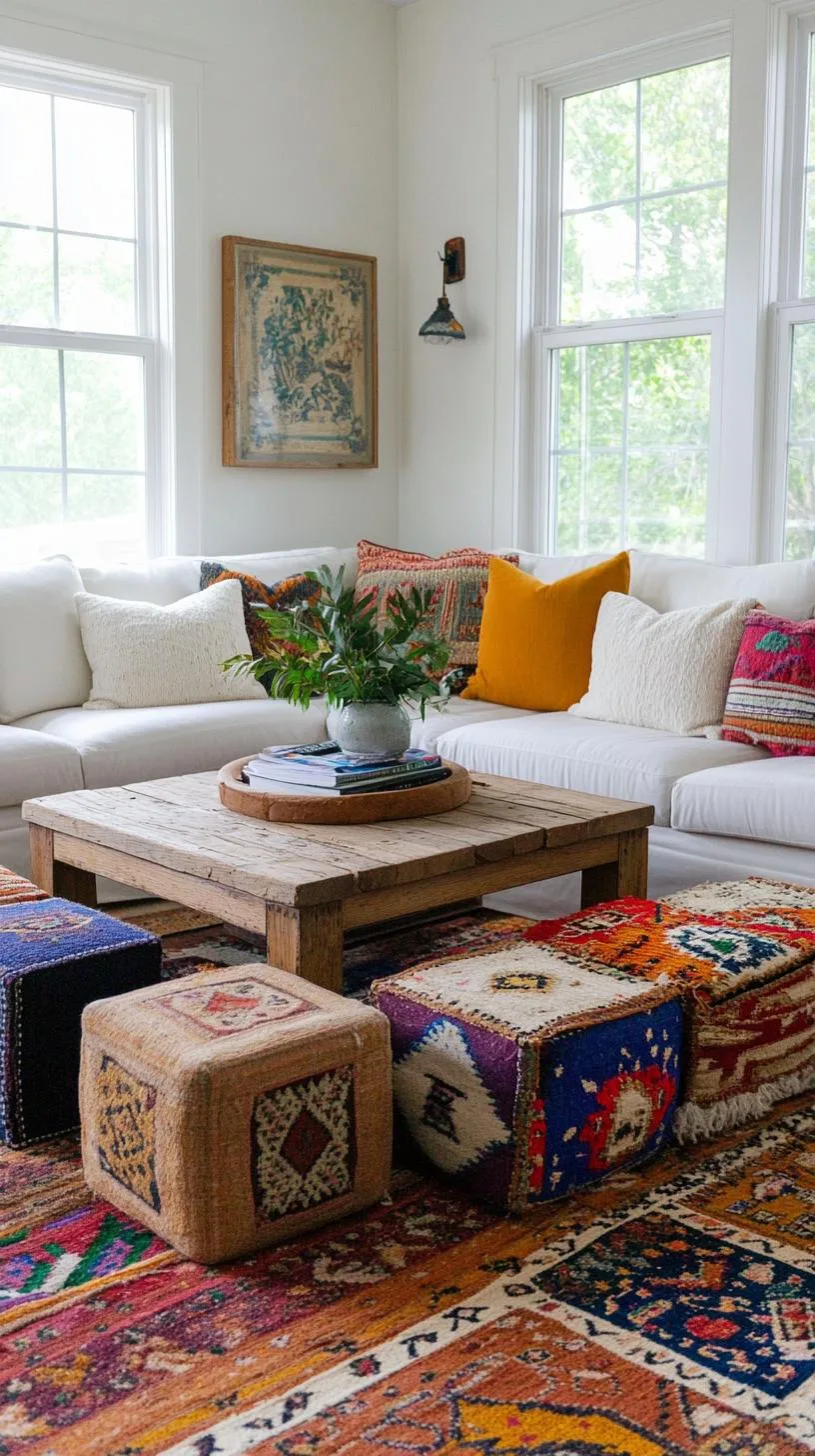 23 Unique Boho Farmhouse Living Room Ideas To Copy 44 14. Eclectic Enclave: Combine various eras, merging a mid-century coffee table with rustic farm stools, atop a patchwork rug-2